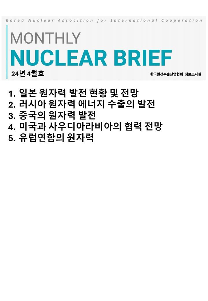 1.일본 원자력 발전 현황 및 전망 2.러시아 원자력 에너지 수출의 발전 3.중국의 원자력 발전 4.미국과 사우디아라비아의 협력 전망 5.유럽연합의 원자력